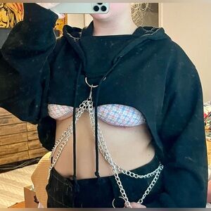 Edgy Super Cropped Gothic Black Hoodie with Side chains and Thumb Holes- Size 3X